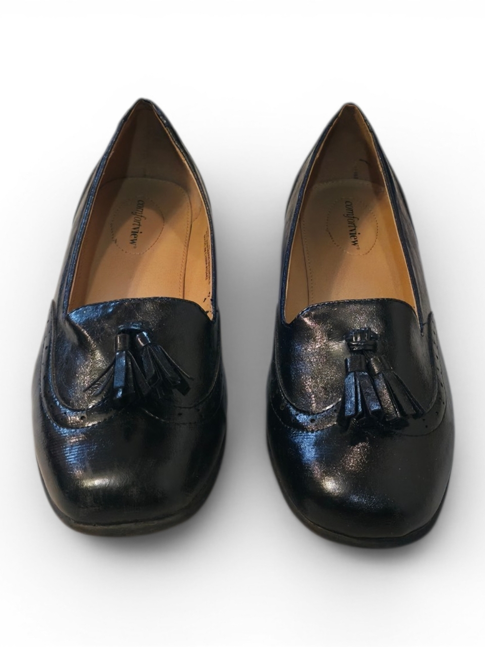 comfortview Black Leather Tassel Slip-On Loafers for Women
